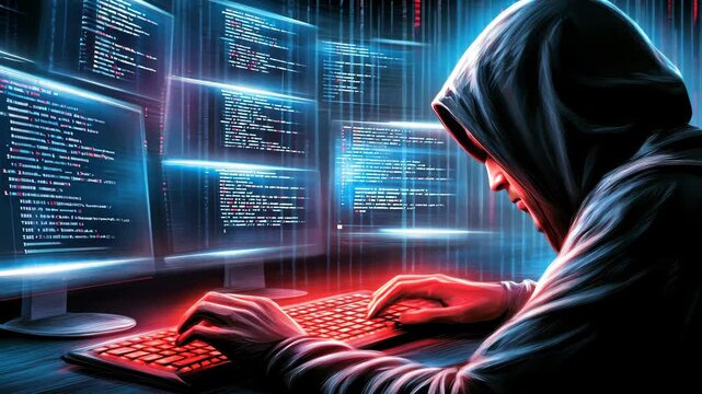 Digital Intruder: A hooded figure, bathed in the neon glow of multiple computer screens, intensely focused on a keyboard, their actions suggestive of cyber intrusion and digital crime. A stark.
