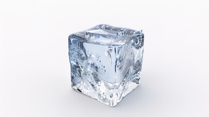 A perfectly formed crystal ice cube is distinctly isolated on a pristine white background, a remarkable creation brought to life by generative AI. The transparency and glistening surface of the ice 