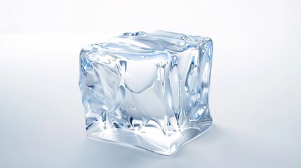 Obraz premium A perfectly formed crystal ice cube is distinctly isolated on a pristine white background, a remarkable creation brought to life by generative AI. The transparency and glistening surface of the ice 