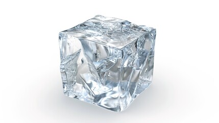 A perfectly formed crystal ice cube is distinctly isolated on a pristine white background, a remarkable creation brought to life by generative AI. The transparency and glistening surface of the ice 