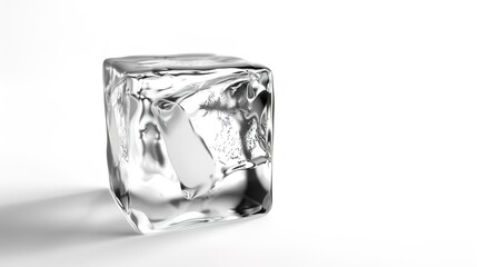 A perfectly formed crystal ice cube is distinctly isolated on a pristine white background, a remarkable creation brought to life by generative AI. The transparency and glistening surface of the ice 
