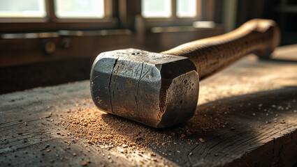 A weathered sledgehammer rests on a woodworker's bench, sunlight illuminating the sawdust and highlighting the tool's history of hard work in a rustic workshop.