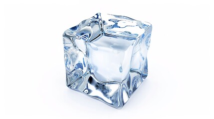 Obraz premium A perfectly formed crystal ice cube is distinctly isolated on a pristine white background, a remarkable creation brought to life by generative AI. The transparency and glistening surface of the ice 