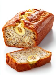 Delicious homemade banana bread loaf with sliced bananas on top against a white background studio shot with natural light and warm tones