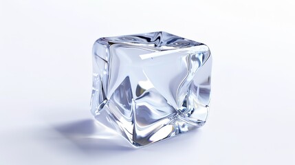 A perfectly formed crystal ice cube is distinctly isolated on a pristine white background, a remarkable creation brought to life by generative AI. The transparency and glistening surface of the ice 