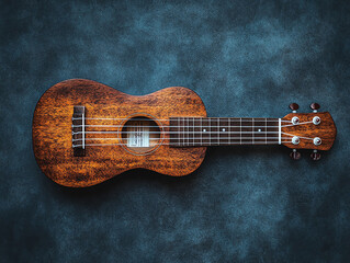 A beautifully crafted ukulele rests on a textured blue background, showcasing its warm wood tones and elegant design.