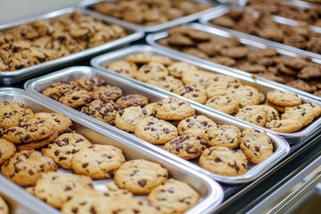 Rows of freshly baked chocolate chip cookies in metal trays offer a tempting display of sweet indulgence and bakery delights perfect for dessert