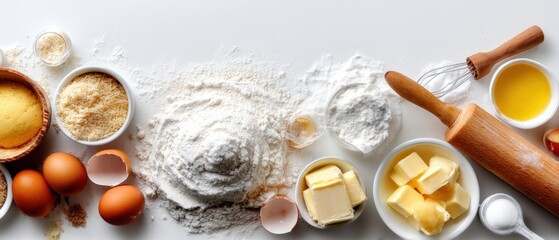 Baking Ingredients Laid Out on White Surface for Culinary Artistry and Home Cooking with Eggs and Flour
