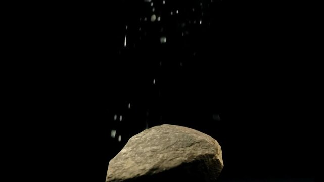 A textured stone under rainfall against a stark background for atmospheric effect video