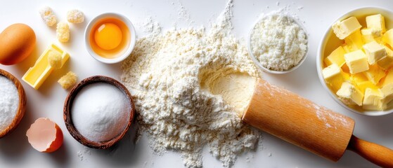 Overhead shot of baking ingredients flour butter sugar egg yolk and rolling pin on white background for a delicious cake