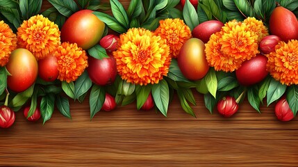 Mangoes, marigolds, and leaves on wood.
