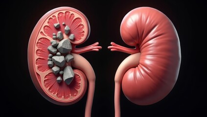 Detailed anatomical illustration showing a cross-section of a human kidney with multiple jagged kidney stones lodged within the renal pelvis and extending into the ureter, alongside a healthy