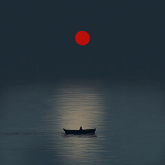 red moon over sea painting