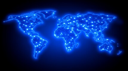 Glowing blue world map with network connections.