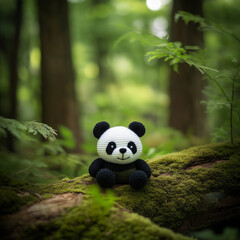 Miniature woolen panda in the forest