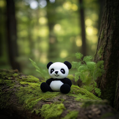 Miniature woolen panda in the forest