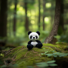 Miniature woolen panda in the forest