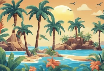 sunny tropical sticker set trees travel vacation sea island cartoon holidays palm background tree summer water wave vector holiday sunset silhouette sky sand landscape illustration ocean paradise