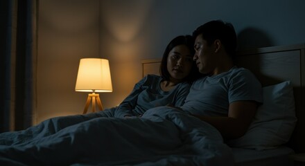 A couple sharing a quiet moment in a softly lit bedroom.