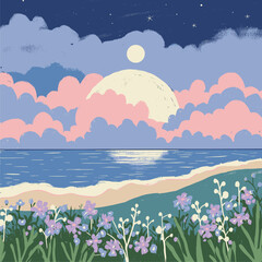 Obraz premium Pastel Moonrise: Tranquil Beach, Floral Meadow, Dreamy Seascape.