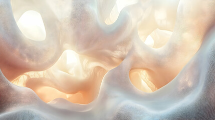 Abstract and flowing fabric shapes illuminated with soft ethereal light