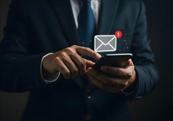 professional checking incoming message on smartphone with envelope notification icon wearing formal business attire for corporate communication concept
