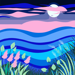 Stylized Lunar Landscape: Pink Sky, Blue Waves, and Wild Grasses.
