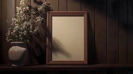 Empty wooden frame mockup with flowers on shelf.