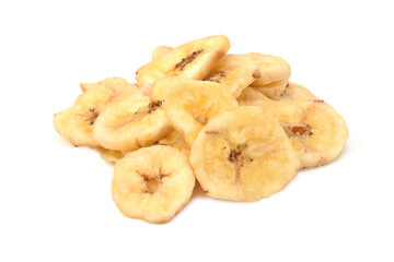 Dried sweet banana in slices isolated on white