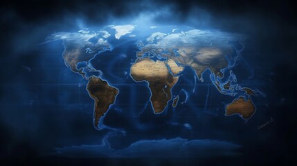 Glowing world map with digital overlay.