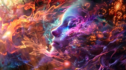 Fototapeta premium Surreal female face emerging from colorful cosmic nebula