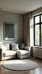 Fototapeta premium Minimalistic gray living area and dining corner with hardwood floors, natural light, monochrome, open concept, clean