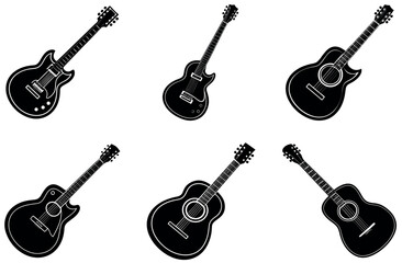 Fototapeta premium Electric and Acoustic Guitar Vector Icons Set | Black Music Silhouette Illustrations | String Instrument Graphics for Studio Logos, Music Events, Merch Design, and Vintage Rock Clipart Themes