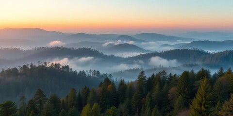 Misty mountain forest, retro hues, hills, scenic landscape , woodland, pattern