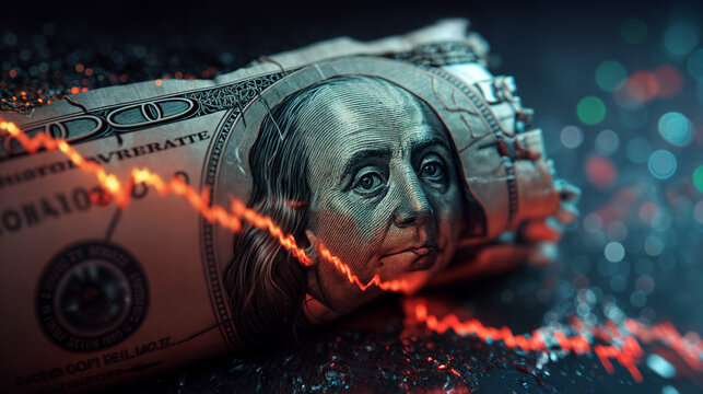 A rolled U.S. hundred-dollar bill with a glowing red stock chart line cutting across Benjamin Franklin’s face. Symbolic editorial photo of inflation, recession, and market decline. Cinematic style, 