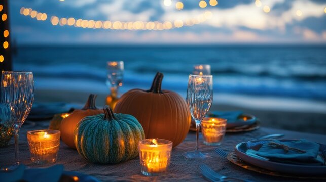 A cozy beachside dinner setup with pumpkins and candles at sunset.