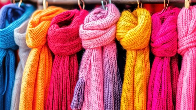 Colorful knitted scarves hanging market stall, outdoor display, winter fashion