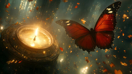Obraz premium A glowing candle illuminates a red butterfly in a dreamy scene