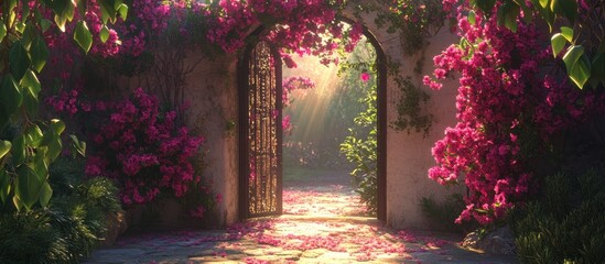 Obraz premium Sunlit Garden Gate, Bougainvillea Arch, Floral Path