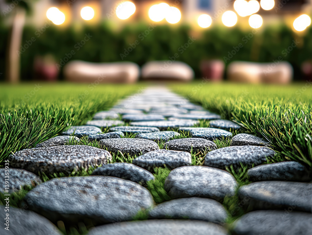 Poster closeup view of stone pathway surrounded by lush green grass, creating serene outdoor atmosphere wit