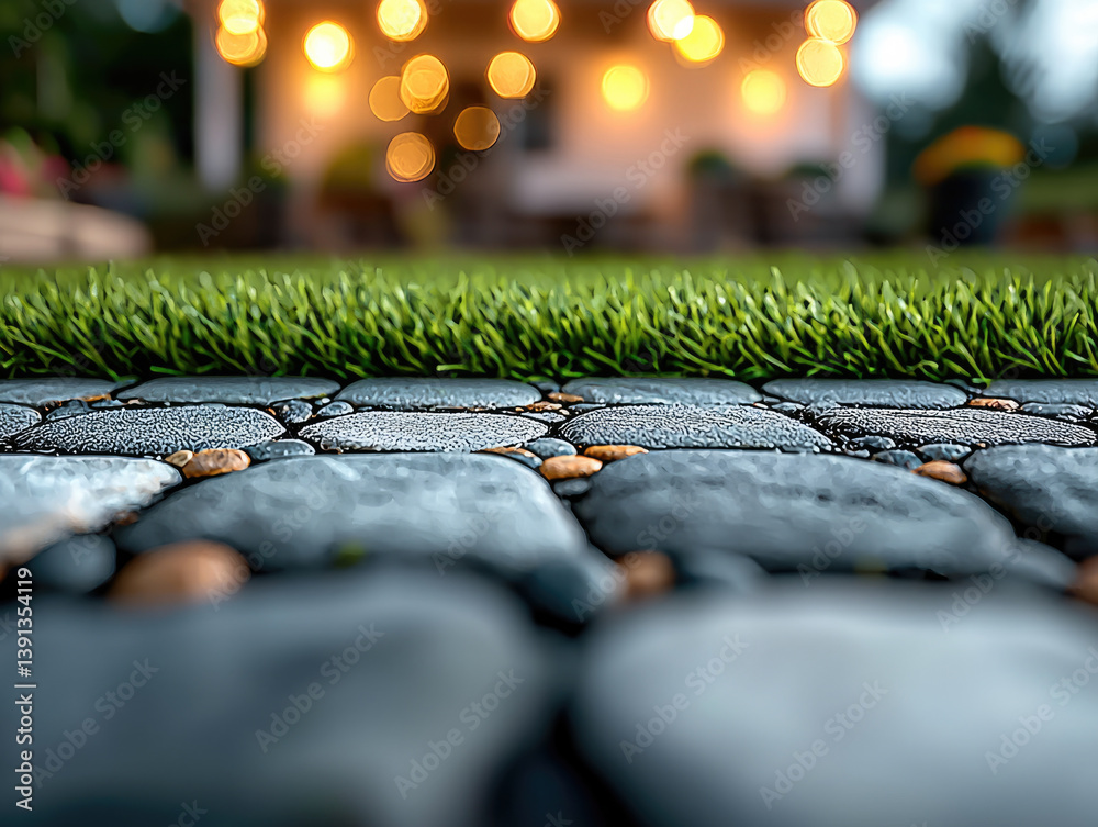 Poster closeup of stone pathway with lush green grass, creating serene outdoor atmosphere. blurred backgrou