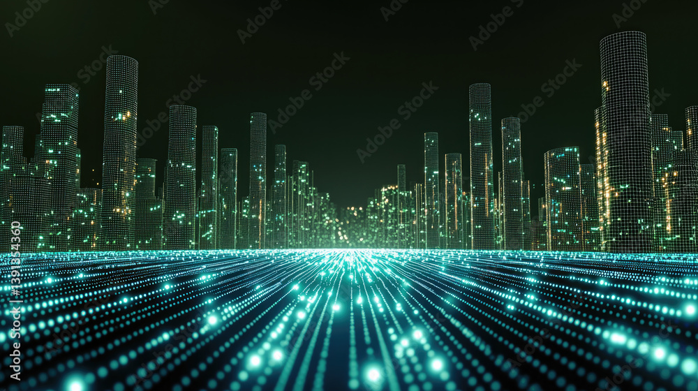 Aufkleber Digital cityscape with glowing data lines and tall structures, creating futuristic atmosphere filled with vibrant lights and technology