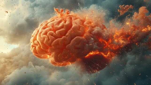 Exploding brain, fiery sky, mental health concept, dramatic artwork