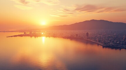 Fototapeta premium Coastal city sunrise aerial view, harbor, mountains, calm water, travel brochure