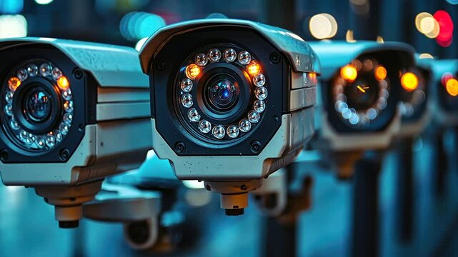Row of security cameras at night, illuminated LEDs