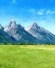 Fototapeta premium Serene mountain range landscape with vibrant green meadow under clear blue sky watercolor style