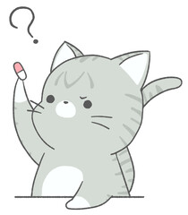 A brown tabby cat frowning as it looks at medicine