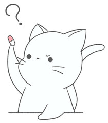 A white cat frowning as it looks at medicine