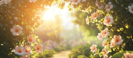 Sunlit rose archway garden path sunset backdrop