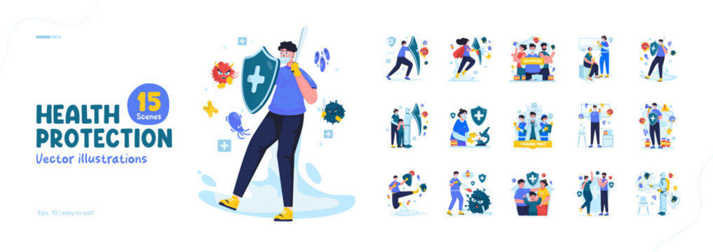 Illustration set of health protection, fight against viruses and bacteria vector design